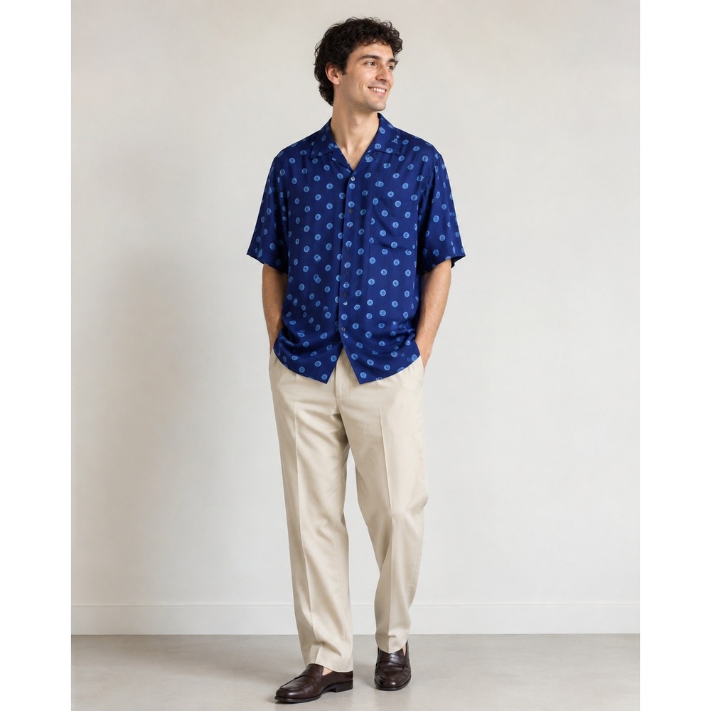 100% Silk Studio Blue Circle Print Button-Up Shirt Mens MediumM